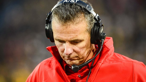 Nov 4, 2017; Iowa City, IA, USA; Ohio State Buckeyes head coach Urban Meyer reacts during the fourth quarter against the Iowa Hawkeyes at Kinnick Stadium. Iowa won 55-24. Mandatory Credit: Jeffrey Becker-USA TODAY Sports