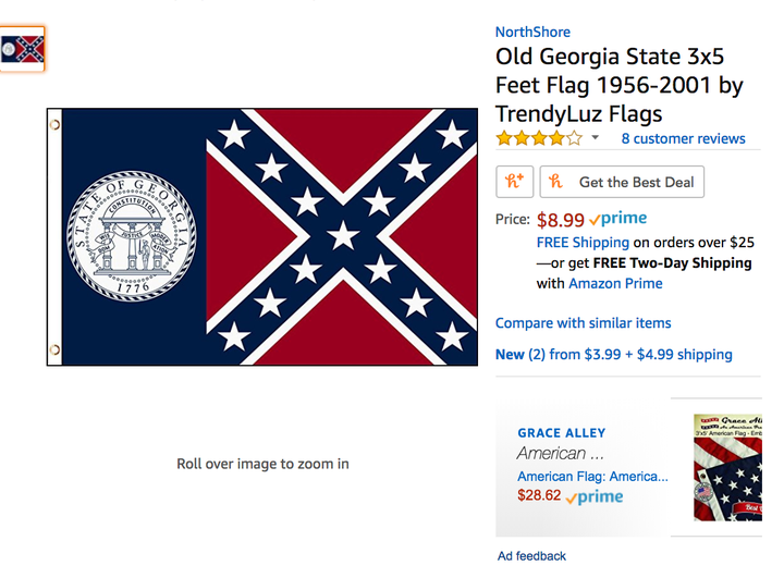 Amazon has not removed products featuring Confederate flags, even though its seller policy prohibits such items.