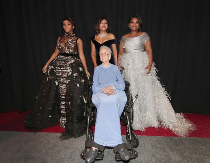 NASA mathematician Katherine Johnson and actors Taraji P. Henson, Octavia Spencer and Janelle Monae pose backstage during the 89th Annual Academy Awards.
