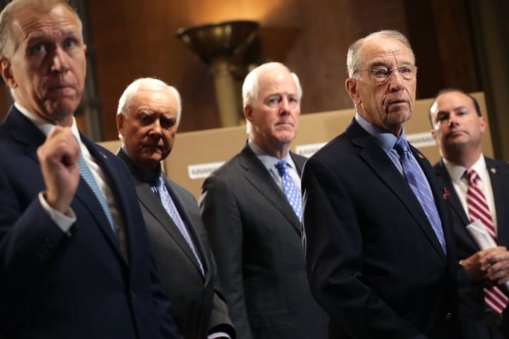 Republican members of the Senate judiciary committee Thom Tillis (N.C.), Orrin Hatch (Utah), John Cornyn (Texas), Chairman Chuck Grassley (Iowa), and Mike Lee (Utah) at a news conference about Supreme Court nominee Judge Brett Kavanaugh on Aug. 2.