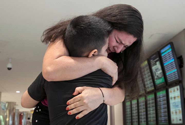 Seven-year-old Andy is reunited with his mother, Arely, at Baltimore-Washington International Airport July 23, 2018 in Linthicum, Maryland. Originally from El Salvador, the mother and son were separated upon entering the United States on June 13.
