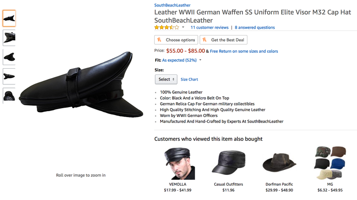 Amazon did not remove some Nazi items, such as a hat for an officer of the Waffen SS, the armed wing of the Nazi Party.