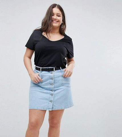 denim skirt outfit ideas for chubby