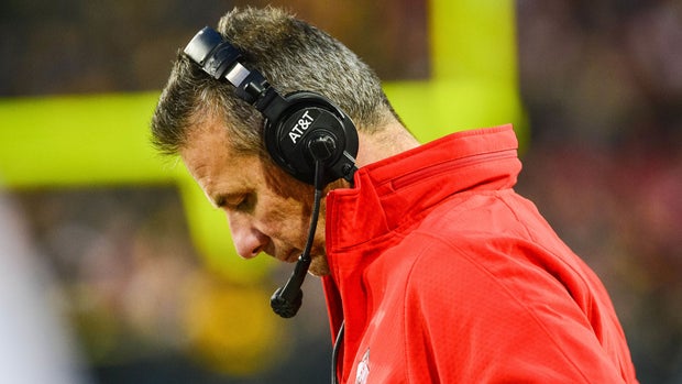 Nov 4, 2017; Iowa City, IA, USA; Ohio State Buckeyes head coach Urban Meyer reacts during the fourth quarter against the Iowa Hawkeyes at Kinnick Stadium. Iowa won 55-24. Mandatory Credit: Jeffrey Becker-USA TODAY Sports