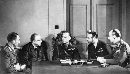 : Meeting of the Anglo-Greek War Council. Left to right: Major General Gambier-Parry, General Metaxas, George II King of Greece, Air Vice Marshal D'Albiac (RAF) and General Papagos.