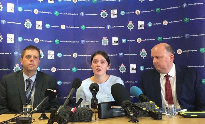 Gemma Eastwood, sister of missing Samantha Eastwood making an appeal at Staffordshire Police headquarters in Stoke.