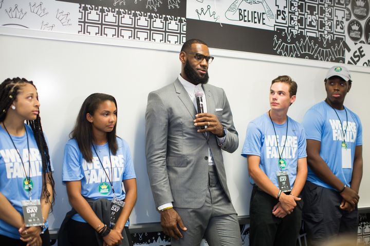 LeBron James addresses the media following the grand opening of the I Promise school on July 30, 2018 in Akron, Ohio.