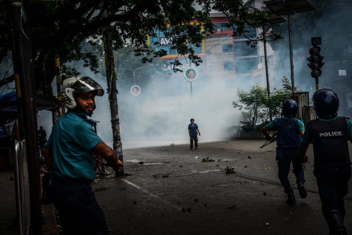 Police fired tear gas at the crowds during the eighth day of protests over road safety in Dhaka.