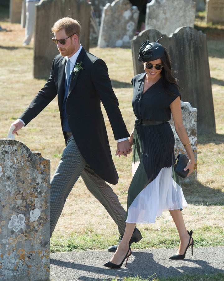 The Duke and Duchess of Sussex attend the wedding of Charlie Van Straubenzee and Daisy Jenks on Aug. 4 in Frensham, United Kingdom. Prince Harry attended the same prep school as Charlie van Straubenzee and they have been good friends ever since.