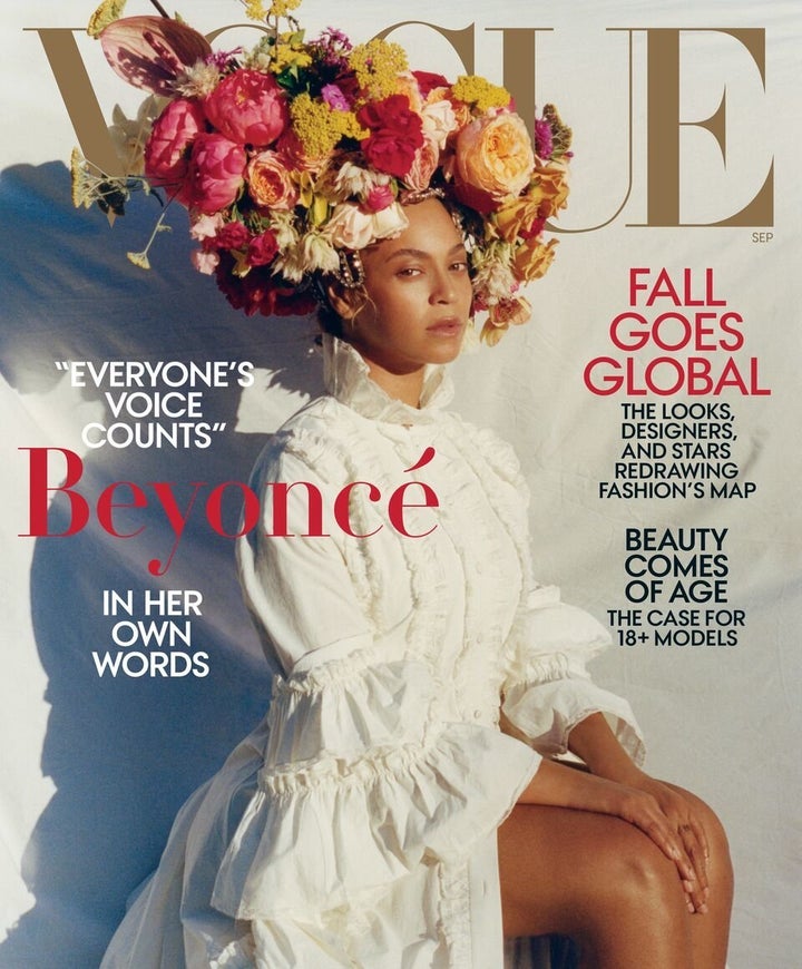 In the first cover, the singer wears a Gucci dress, headpiece by Lynn Ban and a Rebel Rebel floral headdress, according to Vogue. 