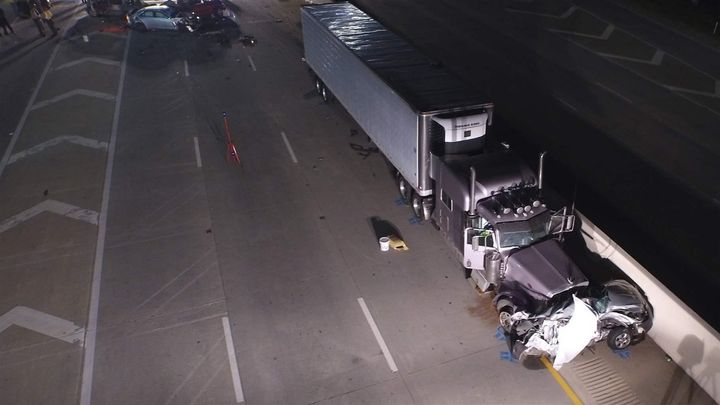An image from a drone video, provided by the Chattanooga Police Department and Hamilton County Sheriff’s Office, shows an accident scene in a construction zone of Interstate 75 in 2015. In the accident, a tractor-trailer truck went about 80 mph toward the construction zone traffic backup, then bashed into eight vehicles before coming to a stop several hundred yards away. 