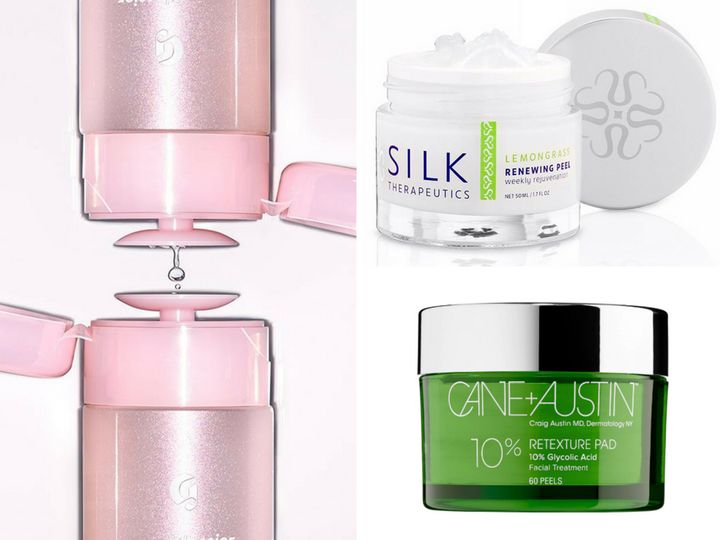 Clockwise from left: Glossier Solution, out of stock at press time; Silk Therapeutics renewing peel, $70; Cane + Austen Retexture Pads, 10%, $60