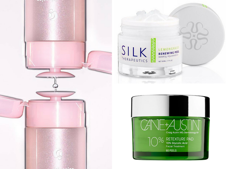 Clockwise from left: <a href="https://www.glossier.com/products/solution" target="_blank" role="link" class=" js-entry-link cet-external-link" data-vars-item-name="Glossier Solution" data-vars-item-type="text" data-vars-unit-name="5b68706ae4b0de86f4a3cf8e" data-vars-unit-type="buzz_body" data-vars-target-content-id="https://www.glossier.com/products/solution" data-vars-target-content-type="url" data-vars-type="web_external_link" data-vars-subunit-name="article_body" data-vars-subunit-type="component" data-vars-position-in-subunit="9">Glossier Solution</a>, out of stock at press time; <a href="https://silktherapeutics.com/collections/all-products/products/renewing-peel" target="_blank" role="link" class=" js-entry-link cet-external-link" data-vars-item-name="Silk Therapeutics renewing peel" data-vars-item-type="text" data-vars-unit-name="5b68706ae4b0de86f4a3cf8e" data-vars-unit-type="buzz_body" data-vars-target-content-id="https://silktherapeutics.com/collections/all-products/products/renewing-peel" data-vars-target-content-type="url" data-vars-type="web_external_link" data-vars-subunit-name="article_body" data-vars-subunit-type="component" data-vars-position-in-subunit="10">Silk Therapeutics renewing peel</a>, $70; <a href="https://www.sephora.com/product/acne-retexture-pad-P409543?skuId=1829399&icid2=products%20grid:p409543" target="_blank" role="link" class=" js-entry-link cet-external-link" data-vars-item-name="Cane + Austen Retexture Pad" data-vars-item-type="text" data-vars-unit-name="5b68706ae4b0de86f4a3cf8e" data-vars-unit-type="buzz_body" data-vars-target-content-id="https://www.sephora.com/product/acne-retexture-pad-P409543?skuId=1829399&icid2=products%20grid:p409543" data-vars-target-content-type="url" data-vars-type="web_external_link" data-vars-subunit-name="article_body" data-vars-subunit-type="component" data-vars-position-in-subunit="11">Cane + Austen Retexture Pad</a>s, 10%, $60