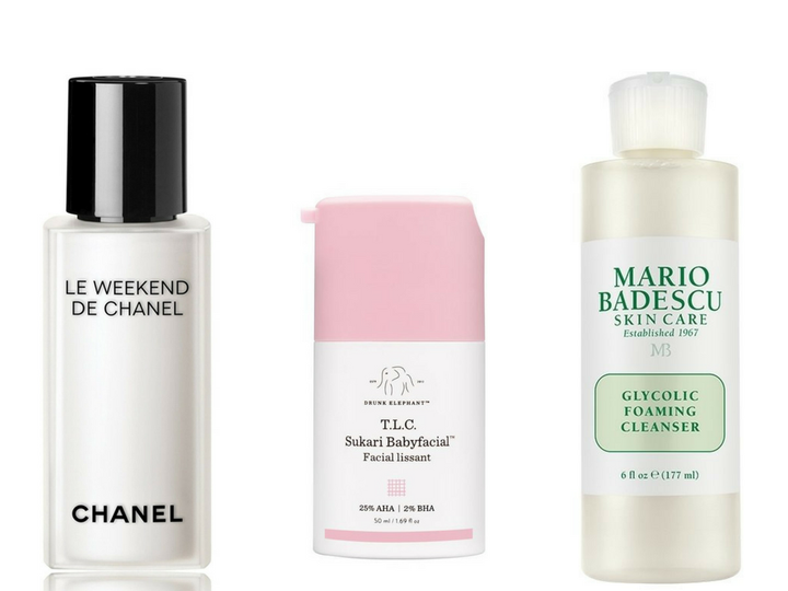 <a href="https://shop.nordstrom.com/s/chanel-le-weekend-de-chanel-weekly-renewing-face-care/3521734" target="_blank" role="link" class=" js-entry-link cet-external-link" data-vars-item-name="Chanel Le Weekend de Chanel" data-vars-item-type="text" data-vars-unit-name="5b68706ae4b0de86f4a3cf8e" data-vars-unit-type="buzz_body" data-vars-target-content-id="https://shop.nordstrom.com/s/chanel-le-weekend-de-chanel-weekly-renewing-face-care/3521734" data-vars-target-content-type="url" data-vars-type="web_external_link" data-vars-subunit-name="article_body" data-vars-subunit-type="component" data-vars-position-in-subunit="12">Chanel Le Weekend de Chanel</a>, $115; <a href="https://www.drunkelephant.com/products/t-l-c-sukari-babyfacial" target="_blank" role="link" class=" js-entry-link cet-external-link" data-vars-item-name="Drunk Elephant T.L.C. Sukari Babyfacial" data-vars-item-type="text" data-vars-unit-name="5b68706ae4b0de86f4a3cf8e" data-vars-unit-type="buzz_body" data-vars-target-content-id="https://www.drunkelephant.com/products/t-l-c-sukari-babyfacial" data-vars-target-content-type="url" data-vars-type="web_external_link" data-vars-subunit-name="article_body" data-vars-subunit-type="component" data-vars-position-in-subunit="13">Drunk Elephant T.L.C. Sukari Babyfacial</a>, $80; <a href="https://www.mariobadescu.com/product/glycolic-foaming-cleanser" target="_blank" role="link" class=" js-entry-link cet-external-link" data-vars-item-name="Mario Badescu Glycolic Foaming Cleanser" data-vars-item-type="text" data-vars-unit-name="5b68706ae4b0de86f4a3cf8e" data-vars-unit-type="buzz_body" data-vars-target-content-id="https://www.mariobadescu.com/product/glycolic-foaming-cleanser" data-vars-target-content-type="url" data-vars-type="web_external_link" data-vars-subunit-name="article_body" data-vars-subunit-type="component" data-vars-position-in-subunit="14">Mario Badescu Glycolic Foaming Cleanser</a>, $16