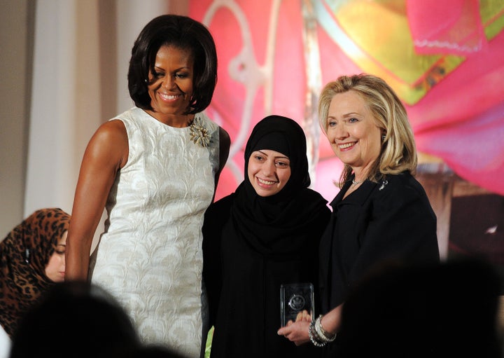 On March 8, 2012, Samar Badawi of Saudi Arabia was congratulated by first lady Michelle Obama and Secretary of State Hillary Clinton as she received the 2012 International Women of Courage Award. Canada last week protested Badawi's jailing in Saudi Arabia.