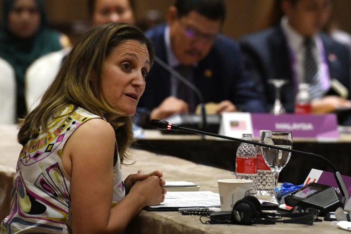 Canada's Foreign Minister Chrystia Freeland delivers her opening remarks at the Association of Southeast Asian Nations meeting in Singapore on Friday. Her comments the day before about the jailing of human rights activist Samar Badawi were met with harsh reaction from the Saudis.