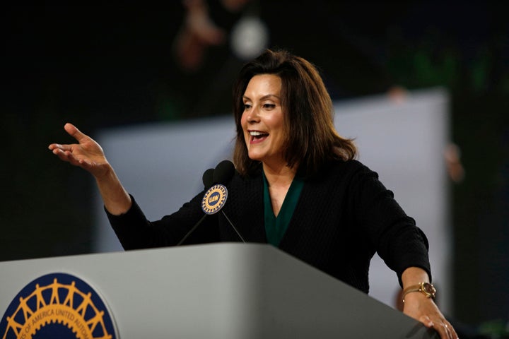 Gretchen Whitmer speaks at a United Auto Workers convention in Detroit on June 14, 2018. The influential labor union has endorsed her in the primary.