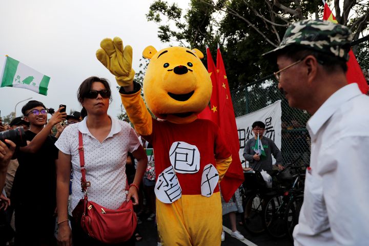 A student dressed in a Winnie The Pooh costume to mock Chinese President Xi Jinping at a demonstration in Taipei, Taiwan, in 2017.