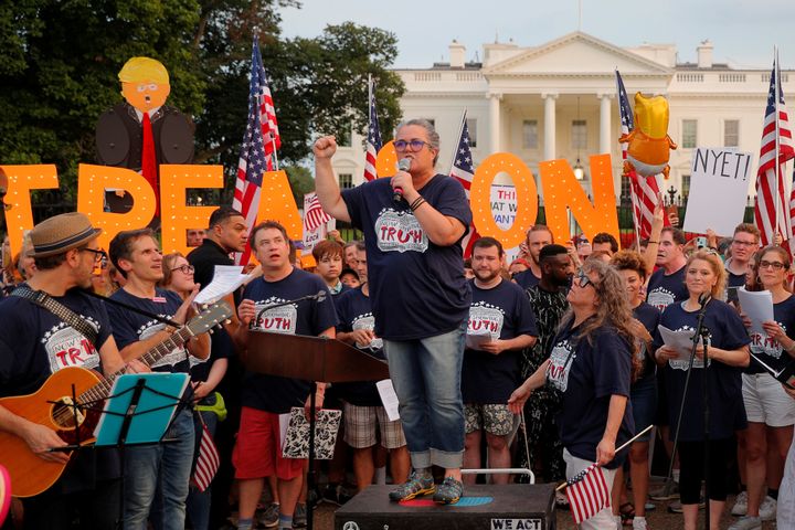 Rosie O'Donnell and cast members from Broadway musicals join the "Kremlin Annex" protest in front of the White House on Monday.