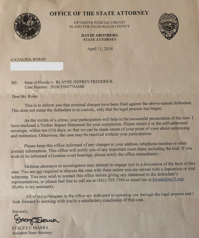 A letter sent to the author by the Florida Office of the State Attorney.