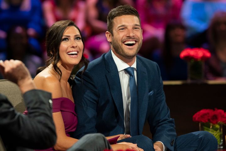 Becca Kufrin and Garrett Yrigoyen make their first public appearance as an engaged couple on the season finale of "The Bachelorette."