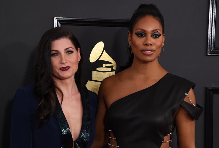 Transgender actresses Trace Lysette and Laverne Cox at the 2017 Grammy Awards.