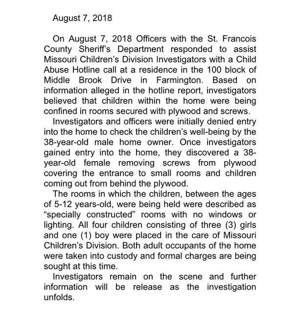 A press release from the St. Francois County Sheriff's Department regarding what investigators found in the home.