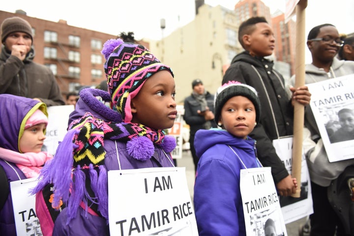 Children in New York City mark the first anniversary of the Nov. 22, 2014, fatal shooting of 12-year-old Tamir Rice in Cleveland by Officer Timothy Loehmann, who had a record of insubordination on the job.