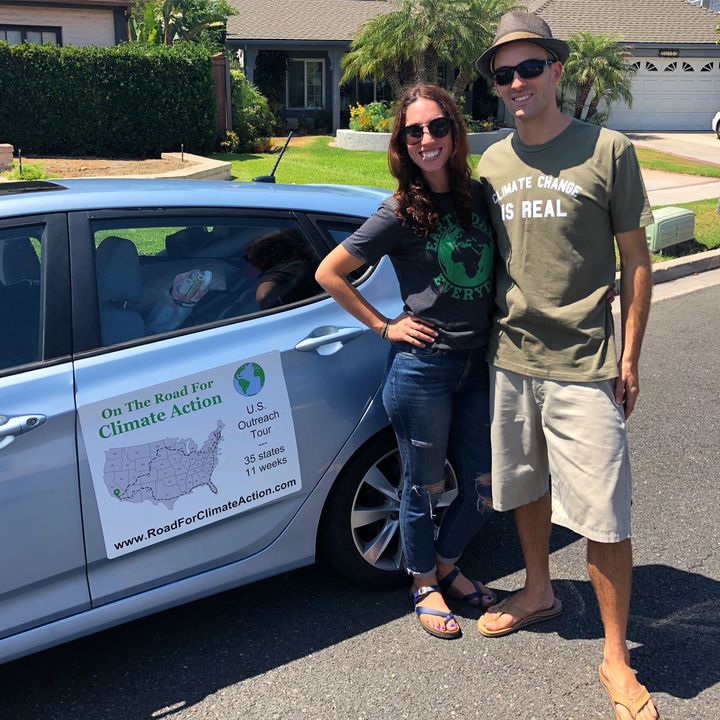 Climate change activists Athina Simolaris and Shahir Masri shortly before departing Orange County, California, on Aug. 1 for a road trip across America to raise awareness about global warming.