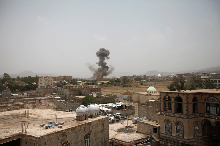 Smoke rises in Sanaa after an airstrike on August 9, 2018.