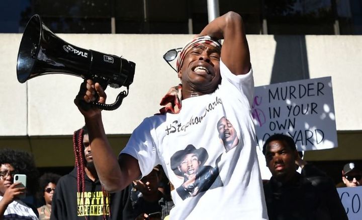 Stevante Clark, brother of Stephon Clark, addresses protesters after the police shooting in Sacramento, Calif., on March 28, 2018.