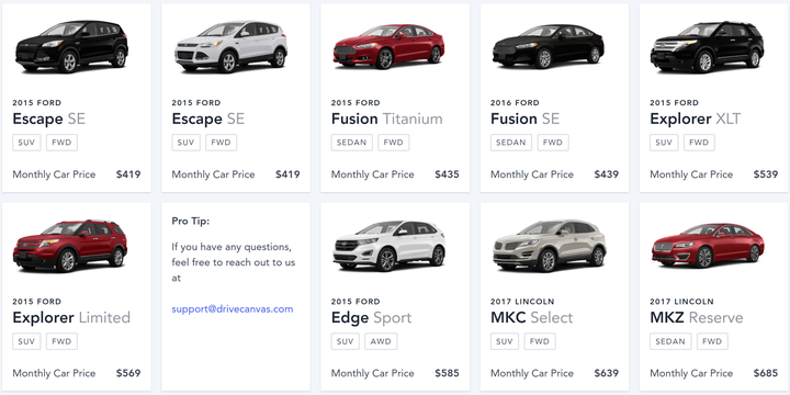 Canvas offers Ford and Lincoln vehicles starting at $329 per month.