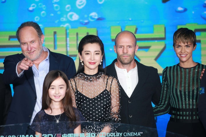 American film director and producer Jon Turteltaub, child actress Shuya Sophia Cai, actress Li Bingbing, English actor Jason Statham and Australian actress Ruby Rose attend the premiere of "The Meg" on Aug. 2 in Beijing.