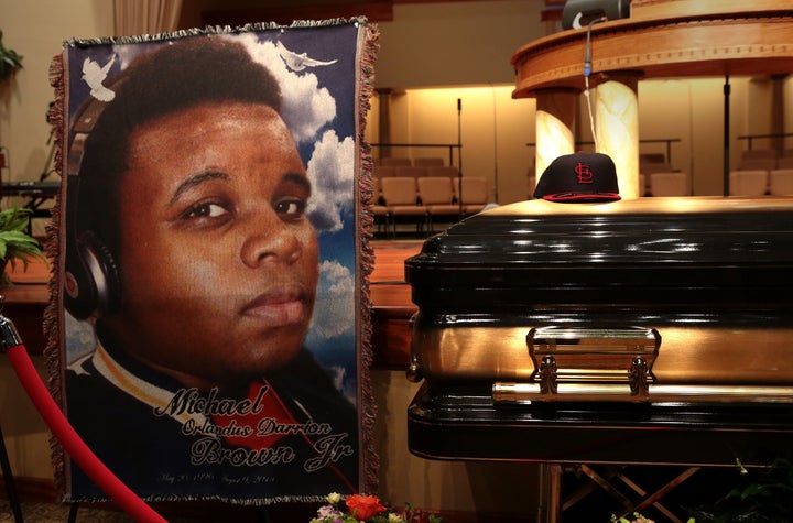 The casket of Michael Brown sits inside Friendly Temple Missionary Baptist Church awaiting the start of his funeral on Aug. 25, 2014, in St. Louis.