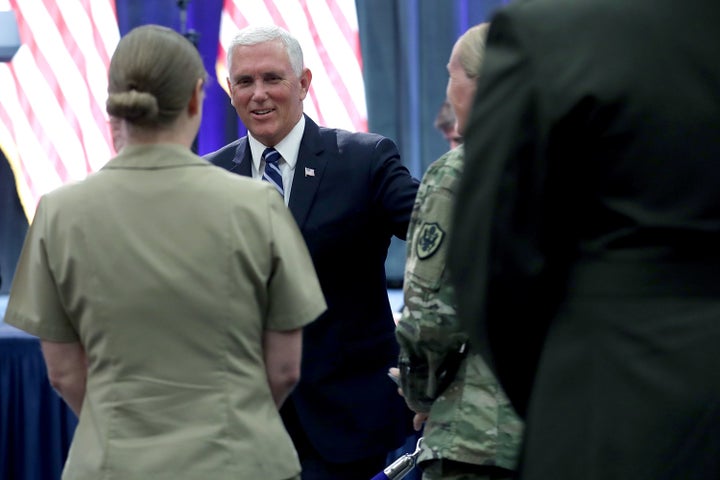 Pence greets audience members after announcing the Trump Administration's plan to create the U.S. Space Force.