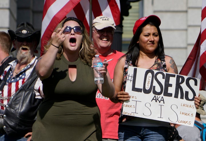 Participants at an anti-Muslim demonstration organized by Act for America in Denver in June 2017. A Hyatt hotel in Virginia is hosting the group’s annual conference next month.