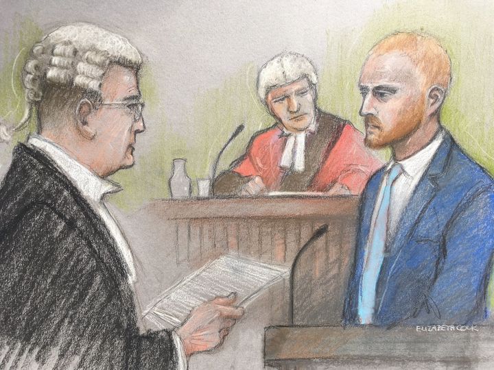 Court artist sketch of Ben Stokes being questioned by Gordon Cole QC, in the stand at Bristol Crown Court