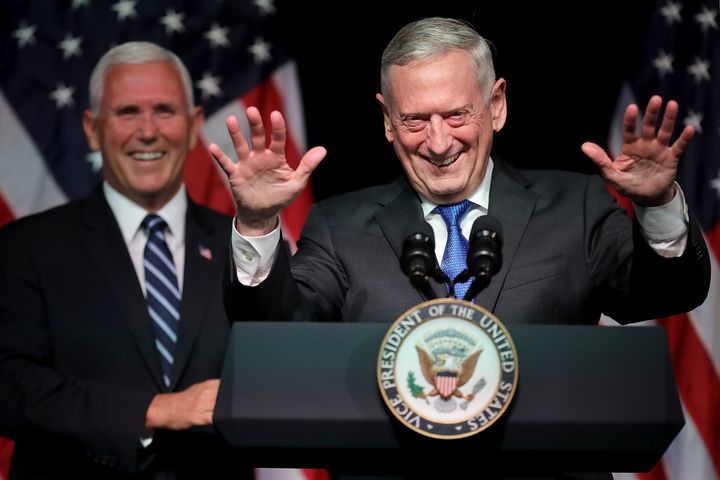 Defence Secretary James Mattis (R) introduces Vice President Mike Pence before he announces the Trump Administration's plan to create the US Space Force by 2020 at the Pentagon.