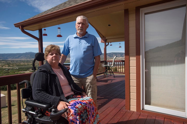  Robbin and Ed Smith at home in Castle Rock, Colo., in 2017. Robbin was paralyzed from the waist down after receiving an epidural pain injection at the Surgery Center at Lone Tree in 2013. 