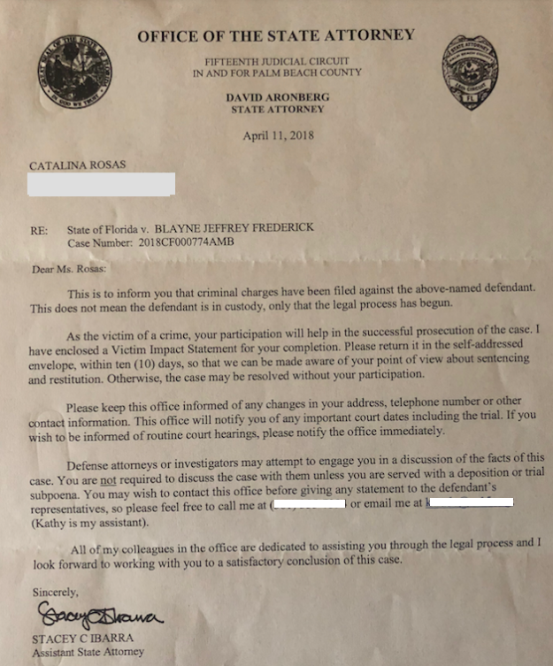 A letter sent to the author by the Florida Office of the State Attorney.