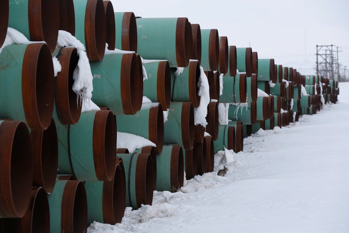 A depot in North Dakota used to store pipes for an unbuilt segment of the Keystone XL pipeline in 2017.