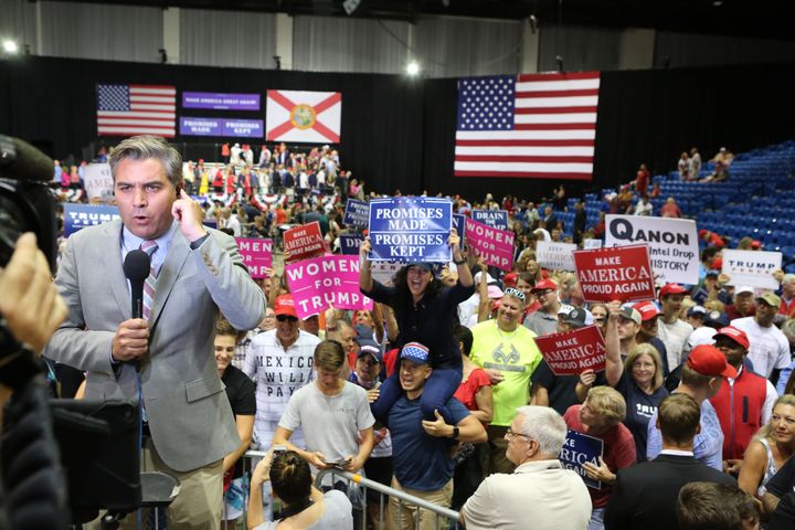 CNN reporter Jim Acosta is heckled by Trump supporters during a Make America Great Again rally in July,