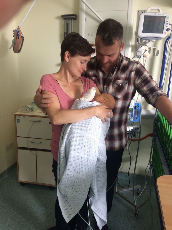 Sarah Higson and James de Malplaquet with their baby, Kit. 