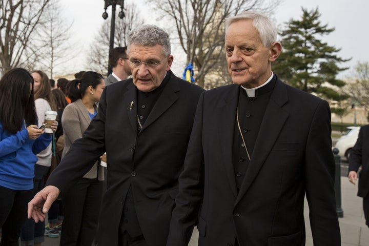 David Zubik (left), bishop of the Diocese of Pittsburgh, and Cardinal Donald Wuerl, archbishop of Washington, arrive at the Supreme Court in Washington, D.C. on Wednesday, March 23, 2016. Zubik was the lead plantiff in a case brought by religious groups over contraception coverage.