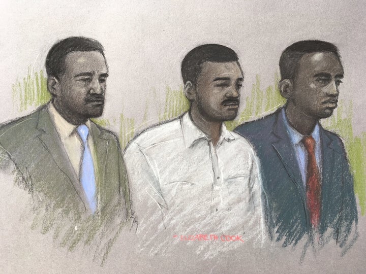 <strong>Court artist sketchof (left to right) Merse Dikanda, Jonathan Okigbo, and George Koh at The Old Bailey</strong>