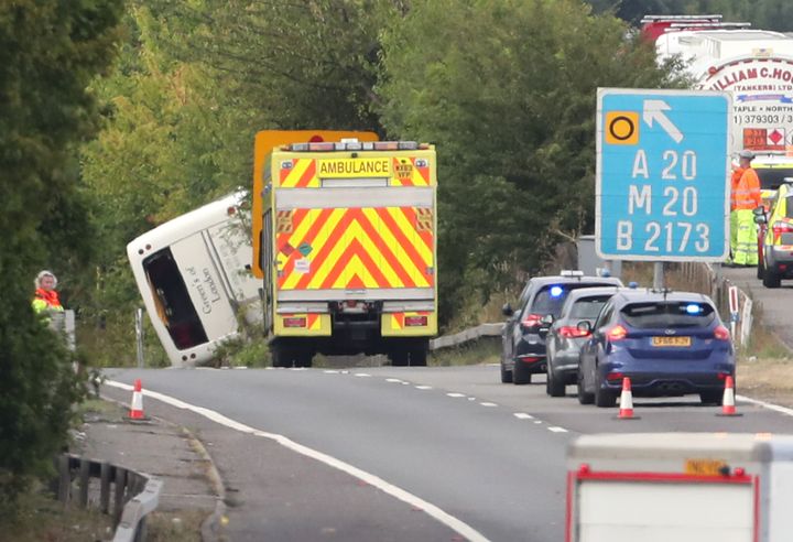 The scene on the the M25 exit slip road at J3, at Swanley on the anti-clockwise carriageway, after a coach overturned just before 4pm.