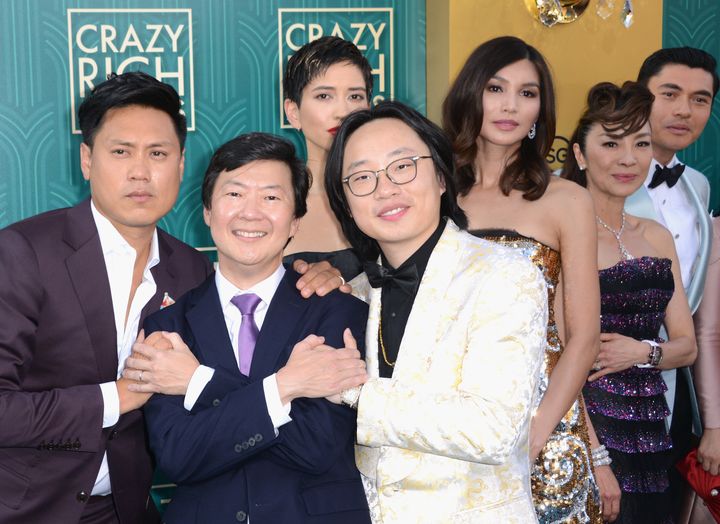 At the "Crazy Rich Asians" premiere in Hollywood, Chu (far left) poses with actors Ken Jeong, Sonoya Mizuno, Jimmy O. Yang, Gemma Chan, Michelle Yeoh and Henry Golding (left to right).