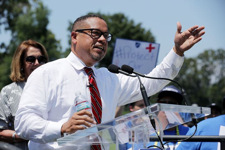 Rep. Keith Ellison (D-Minn.) addresses a rally against education funding cuts outside the U.S. Capitol in July 2017. Days before the Democratic primary for Minnesota attorney general, his campaign was shaken by domestic abuse allegations.