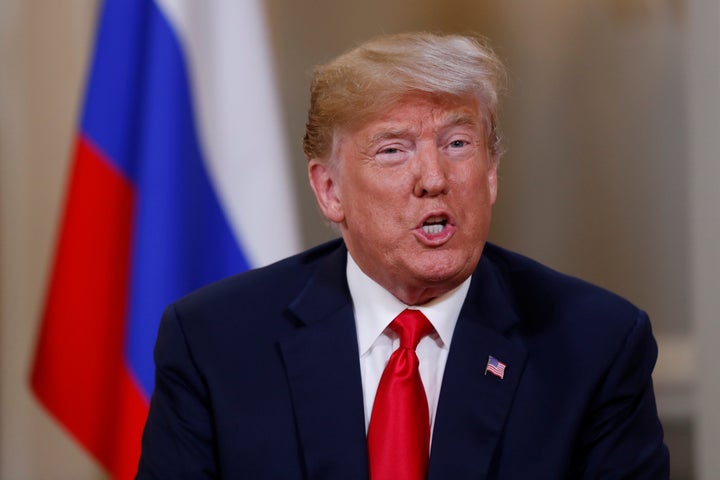 Trump at a press conference with Putin after their meeting in Helsinki, July 16, 2018. Trump backed Putin’s denial of i