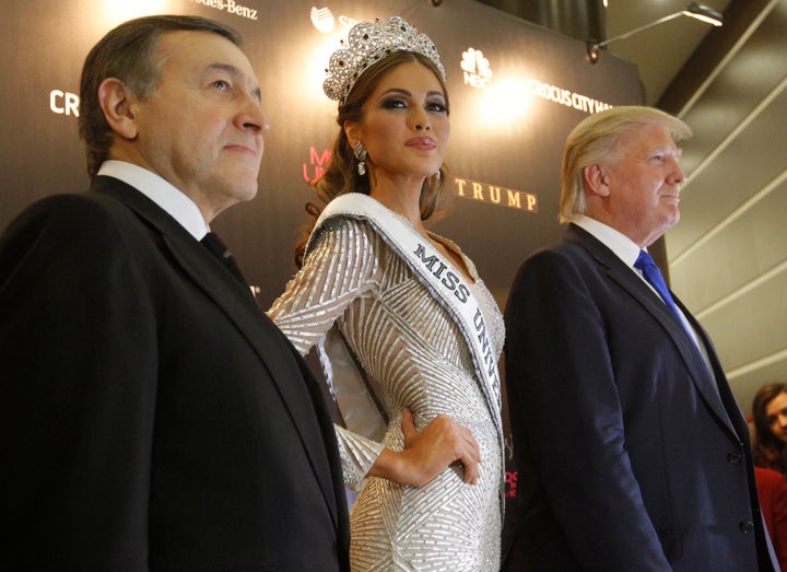 Russian businessman Aras Agalarov, Miss Universe 2013 Gabriela Isler and Trump at a news conference after the Miss Universe p
